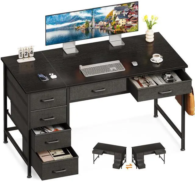 Main image of Computer Desk with 6 Drawers, 48 Inch Office Desk with Storage, Reversible Desk with Headphone Hook for Home Office, Work Study Table for Bedroom, Black