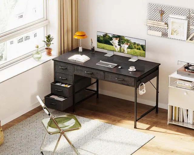 Alt view image 2 of 6 - Computer Desk with 6 Drawers, 48 Inch Office Desk with Storage, Reversible Desk with Headphone Hook for Home Office, Work Study Table for Bedroom, Black