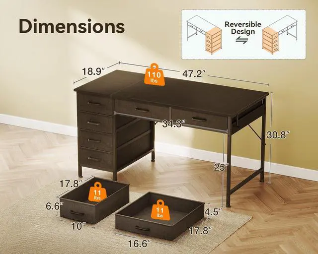 Alt view image 3 of 6 - Computer Desk with 6 Drawers, 48 Inch Office Desk with Storage, Reversible Desk with Headphone Hook for Home Office, Work Study Table for Bedroom, Black