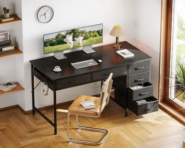Alt view image 6 of 6 - Computer Desk with 6 Drawers, 48 Inch Office Desk with Storage, Reversible Desk with Headphone Hook for Home Office, Work Study Table for Bedroom, Black