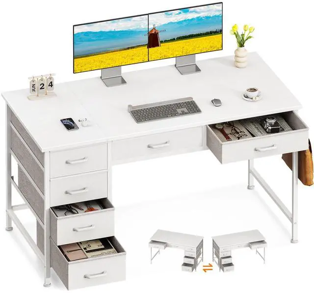 Main image of Computer Desk with 6 Drawers, 48 Inch Office Desk with Storage, Reversible Desk with Headphone Hook for Home Office, Work Study Table Vanity for Bedroom, White