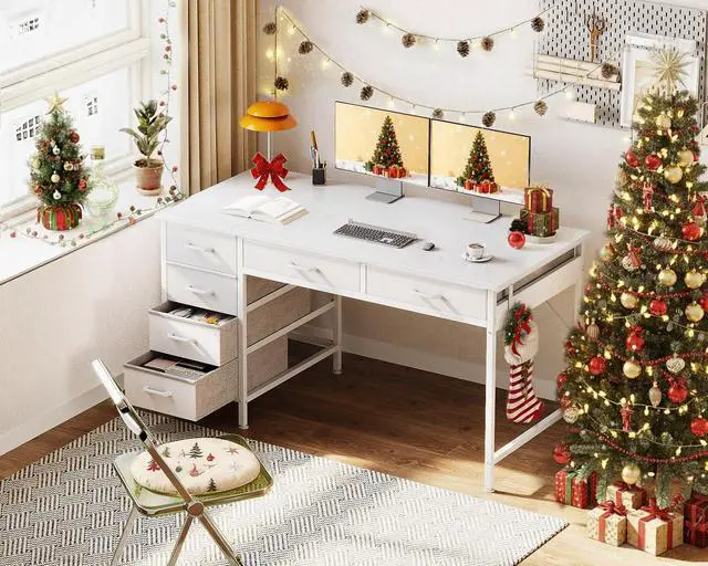 Alt view image 2 of 6 - Computer Desk with 6 Drawers, 48 Inch Office Desk with Storage, Reversible Desk with Headphone Hook for Home Office, Work Study Table Vanity for Bedroom, White