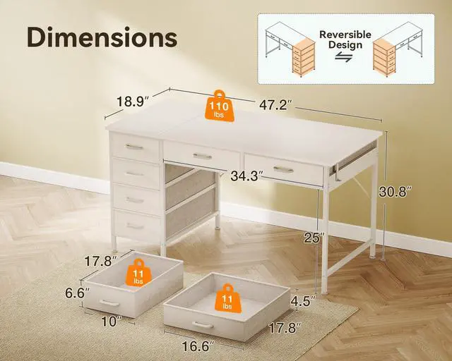 Alt view image 3 of 6 - Computer Desk with 6 Drawers, 48 Inch Office Desk with Storage, Reversible Desk with Headphone Hook for Home Office, Work Study Table Vanity for Bedroom, White