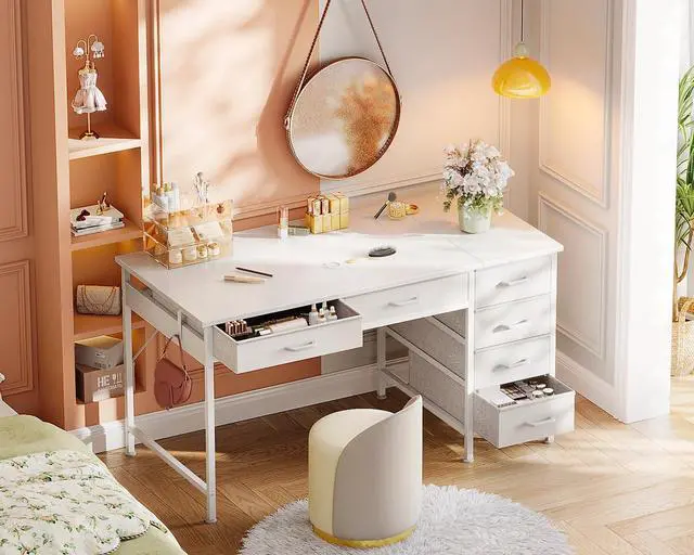 Alt view image 6 of 6 - Computer Desk with 6 Drawers, 48 Inch Office Desk with Storage, Reversible Desk with Headphone Hook for Home Office, Work Study Table Vanity for Bedroom, White