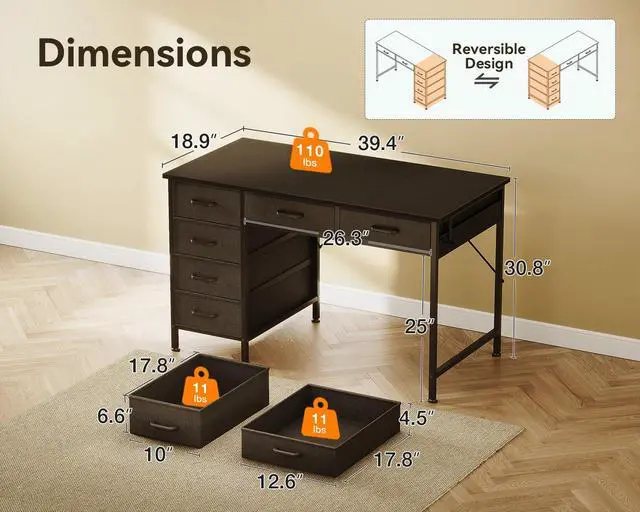 Alt view image 3 of 6 - Computer Desk with 6 Drawers, 40 Inch Small Desk with Storage, Reversible Desk with Headphone Hook for Home Office, Work Study Table for Bedroom, Black