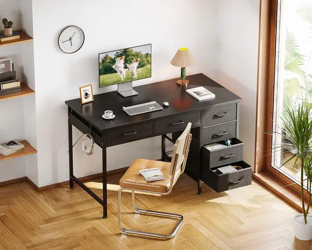 Alt view image 6 of 6 - Computer Desk with 6 Drawers, 40 Inch Small Desk with Storage, Reversible Desk with Headphone Hook for Home Office, Work Study Table for Bedroom, Black