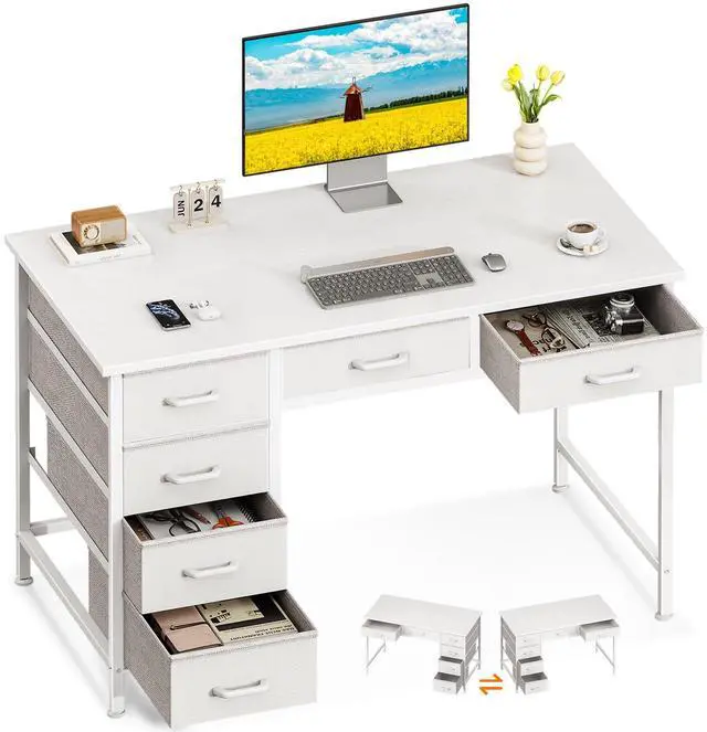 Main image of Computer Desk with 6 Drawers, 40 Inch Small Desk with Storage, Reversible Desk for Home Office, Work Study Table for Bedroom, White
