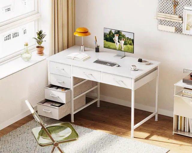 Alt view image 2 of 6 - Computer Desk with 6 Drawers, 40 Inch Small Desk with Storage, Reversible Desk for Home Office, Work Study Table for Bedroom, White