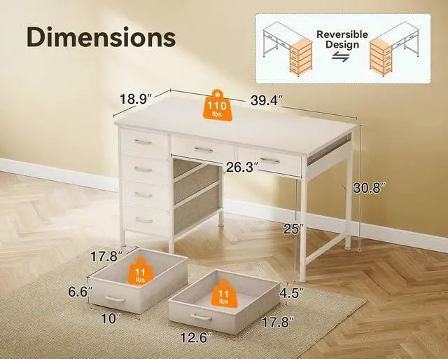 Alt view image 3 of 6 - Computer Desk with 6 Drawers, 40 Inch Small Desk with Storage, Reversible Desk for Home Office, Work Study Table for Bedroom, White