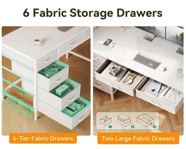 Alt view image 4 of 6 - Computer Desk with 6 Drawers, 40 Inch Small Desk with Storage, Reversible Desk for Home Office, Work Study Table for Bedroom, White