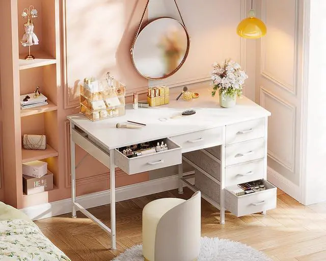 Alt view image 6 of 6 - Computer Desk with 6 Drawers, 40 Inch Small Desk with Storage, Reversible Desk for Home Office, Work Study Table for Bedroom, White