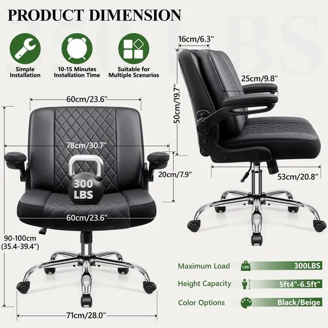 Alt view image 2 of 6 - Criss Cross Office Chair with 2-in-1 Flip Backrest Ergonomic PU Leather Floor Sitting Chair, Adjustable Height, 360° Swivel & Flip-Up Arms, Extra-Wide Seat for Home Office, Vanity, Nail Salon-Black