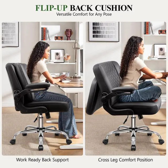 Alt view image 3 of 6 - Criss Cross Office Chair with 2-in-1 Flip Backrest Ergonomic PU Leather Floor Sitting Chair, Adjustable Height, 360° Swivel & Flip-Up Arms, Extra-Wide Seat for Home Office, Vanity, Nail Salon-Black