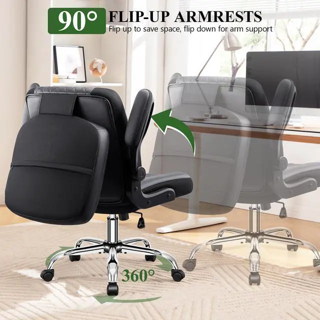 Alt view image 4 of 6 - Criss Cross Office Chair with 2-in-1 Flip Backrest Ergonomic PU Leather Floor Sitting Chair, Adjustable Height, 360° Swivel & Flip-Up Arms, Extra-Wide Seat for Home Office, Vanity, Nail Salon-Black