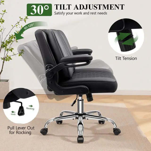 Alt view image 5 of 6 - Criss Cross Office Chair with 2-in-1 Flip Backrest Ergonomic PU Leather Floor Sitting Chair, Adjustable Height, 360° Swivel & Flip-Up Arms, Extra-Wide Seat for Home Office, Vanity, Nail Salon-Black