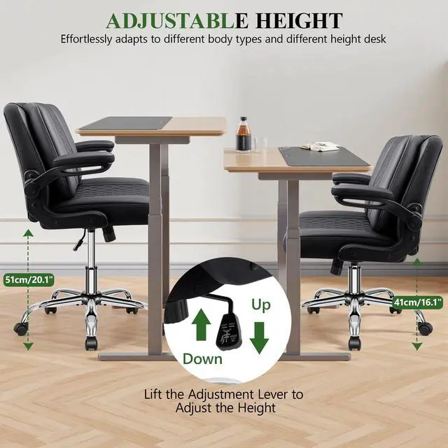 Alt view image 6 of 6 - Criss Cross Office Chair with 2-in-1 Flip Backrest Ergonomic PU Leather Floor Sitting Chair, Adjustable Height, 360° Swivel & Flip-Up Arms, Extra-Wide Seat for Home Office, Vanity, Nail Salon-Black