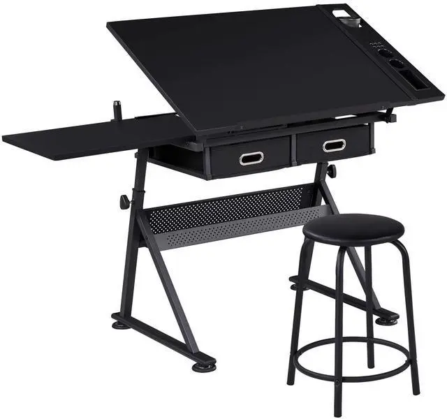 Main image of Drafting Table for Artists, Height Adjustable Drawing Desk Art/Craft Desk Diamond Paintings Work Station w/ 2 Storage Drawers and Stool for Home Office School, Black