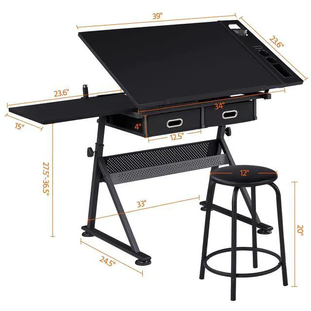 Alt view image 3 of 6 - Drafting Table for Artists, Height Adjustable Drawing Desk Art/Craft Desk Diamond Paintings Work Station w/ 2 Storage Drawers and Stool for Home Office School, Black