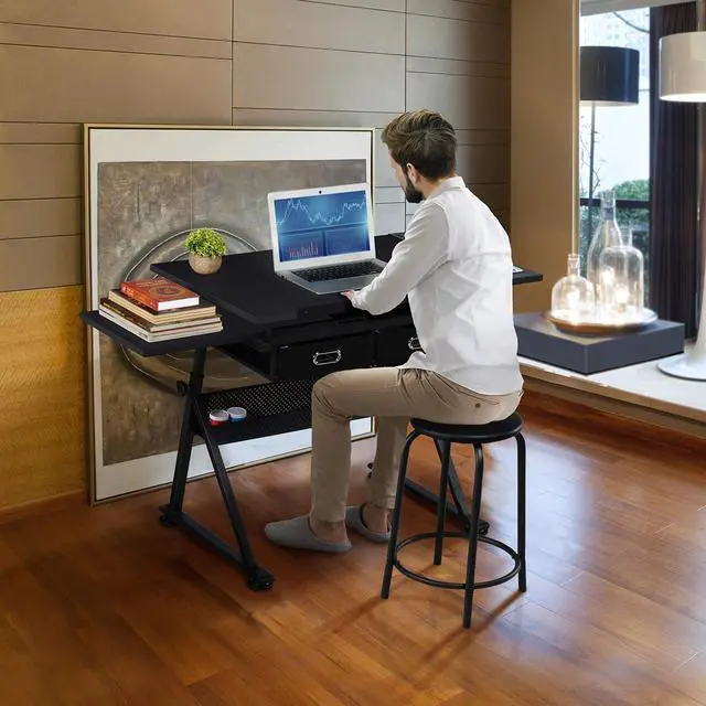 Alt view image 4 of 6 - Drafting Table for Artists, Height Adjustable Drawing Desk Art/Craft Desk Diamond Paintings Work Station w/ 2 Storage Drawers and Stool for Home Office School, Black