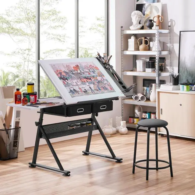 Alt view image 2 of 6 - Height Adjustable White Art Desk for Adults, Tilting Tabletop Drafting Drawing Table with Extra Large Desktop and Drawers, Foldable Stand up Craft Painting Table and Chair Set with Stools