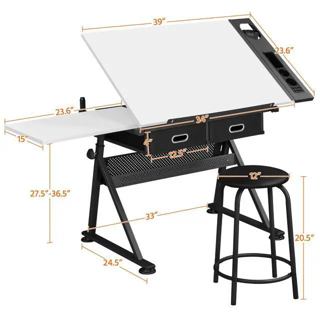 Alt view image 3 of 6 - Height Adjustable White Art Desk for Adults, Tilting Tabletop Drafting Drawing Table with Extra Large Desktop and Drawers, Foldable Stand up Craft Painting Table and Chair Set with Stools