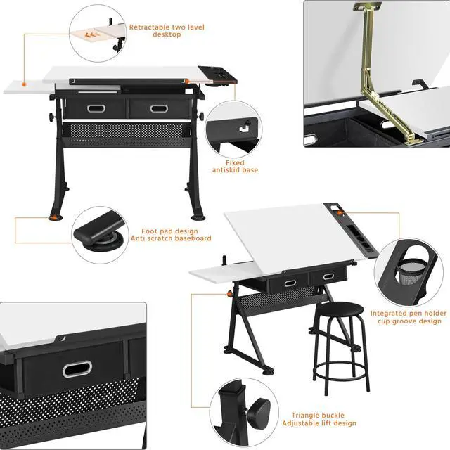 Alt view image 4 of 6 - Height Adjustable White Art Desk for Adults, Tilting Tabletop Drafting Drawing Table with Extra Large Desktop and Drawers, Foldable Stand up Craft Painting Table and Chair Set with Stools