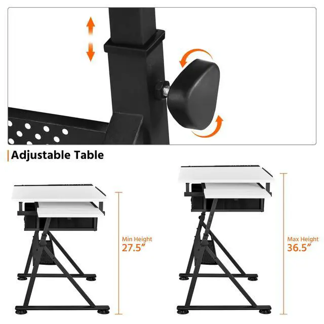 Alt view image 6 of 6 - Height Adjustable White Art Desk for Adults, Tilting Tabletop Drafting Drawing Table with Extra Large Desktop and Drawers, Foldable Stand up Craft Painting Table and Chair Set with Stools