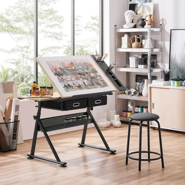 Alt view image 2 of 6 - Height Adjustable Drafting Table Drawing Table Artist Desk Tilting Tabletop Art Craft Desk Watercolor Paintings Sketching Work Station w/2 Storage Drawers and Stool for Home Office