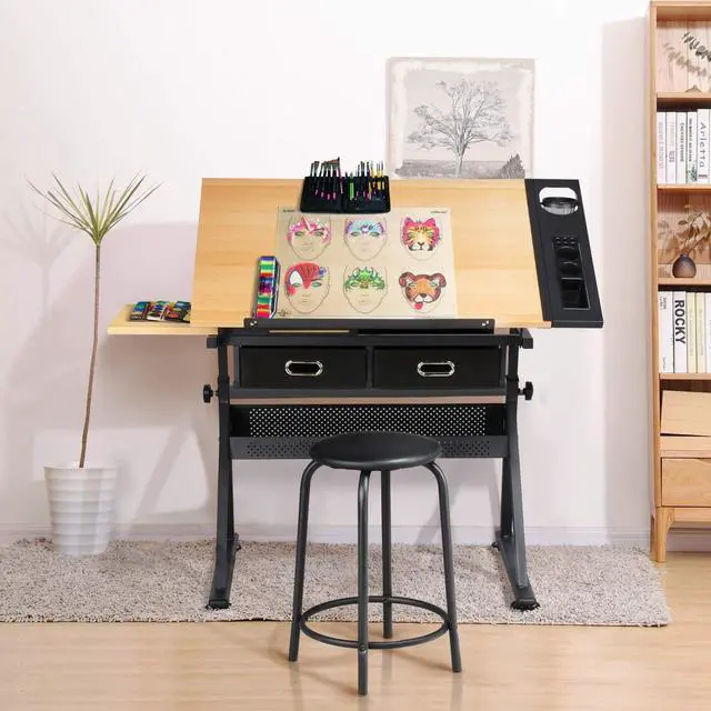 Alt view image 5 of 6 - Height Adjustable Drafting Table Drawing Table Artist Desk Tilting Tabletop Art Craft Desk Watercolor Paintings Sketching Work Station w/2 Storage Drawers and Stool for Home Office