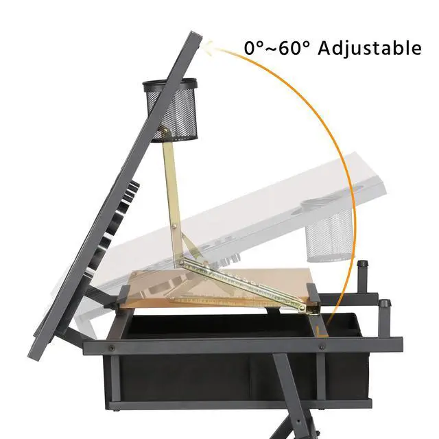 Alt view image 6 of 6 - Height Adjustable Drafting Table Drawing Table Artist Desk Tilting Tabletop Art Craft Desk Watercolor Paintings Sketching Work Station w/2 Storage Drawers and Stool for Home Office