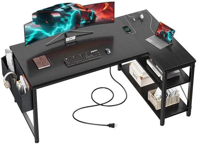 Main image of Office Desk with Outlet,Power Home Office & Study Electronic Gear | Reliable Power Supply for Study & Electronic Device,Reversible Shelves & Side Bag,Convenience for Small Space, Black