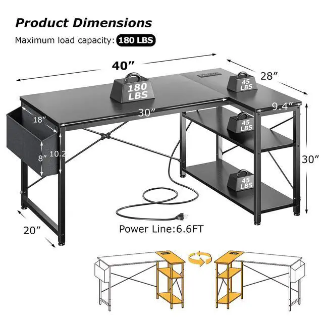 Alt view image 3 of 6 - Office Desk with Outlet,Power Home Office & Study Electronic Gear | Reliable Power Supply for Study & Electronic Device,Reversible Shelves & Side Bag,Convenience for Small Space, Black