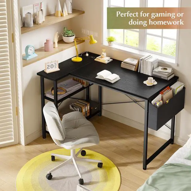 Alt view image 4 of 6 - Office Desk with Outlet,Power Home Office & Study Electronic Gear | Reliable Power Supply for Study & Electronic Device,Reversible Shelves & Side Bag,Convenience for Small Space, Black