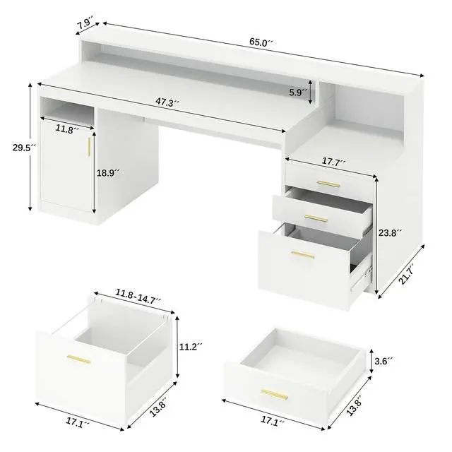 Alt view image 2 of 6 - Computer Desk with 3 Drawer & Storage Shelves, Home Office Desk with File Drawer & Cabinet, Writing Study Table with Long Monitor Stand & Printer Shelf, Executive Desk, White