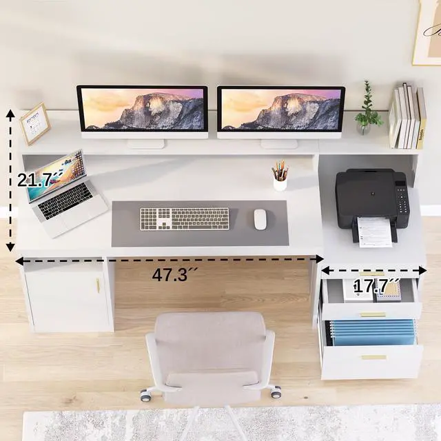 Alt view image 4 of 6 - Computer Desk with 3 Drawer & Storage Shelves, Home Office Desk with File Drawer & Cabinet, Writing Study Table with Long Monitor Stand & Printer Shelf, Executive Desk, White