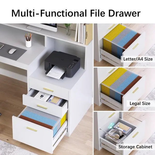 Alt view image 5 of 6 - Computer Desk with 3 Drawer & Storage Shelves, Home Office Desk with File Drawer & Cabinet, Writing Study Table with Long Monitor Stand & Printer Shelf, Executive Desk, White