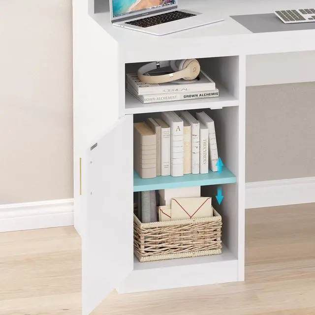 Alt view image 6 of 6 - Computer Desk with 3 Drawer & Storage Shelves, Home Office Desk with File Drawer & Cabinet, Writing Study Table with Long Monitor Stand & Printer Shelf, Executive Desk, White