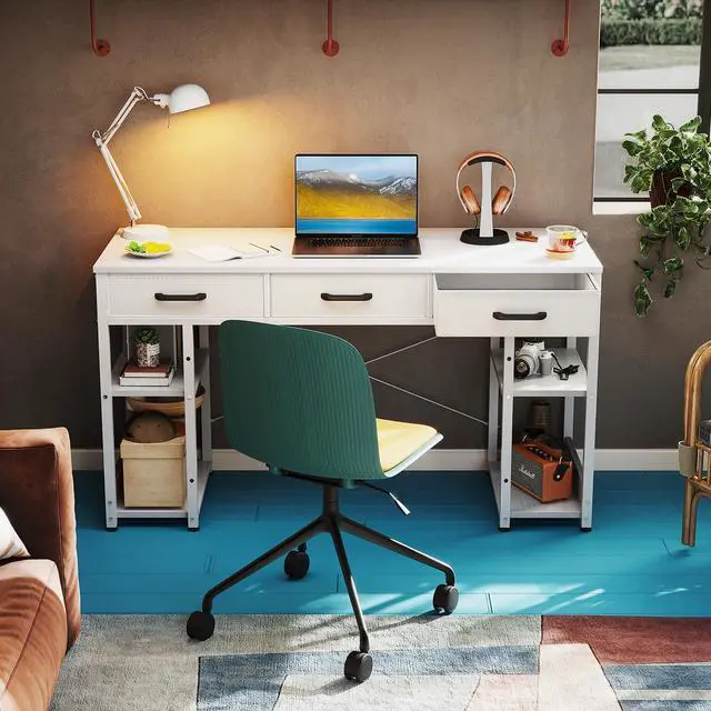 Alt view image 2 of 6 - Office Small Computer Desk: Home Table with Fabric Drawers & Storage Shelves, Modern Writing Desk, White, 48"x16"