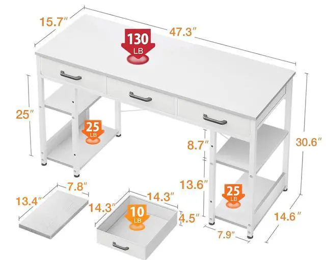 Alt view image 3 of 6 - Office Small Computer Desk: Home Table with Fabric Drawers & Storage Shelves, Modern Writing Desk, White, 48"x16"