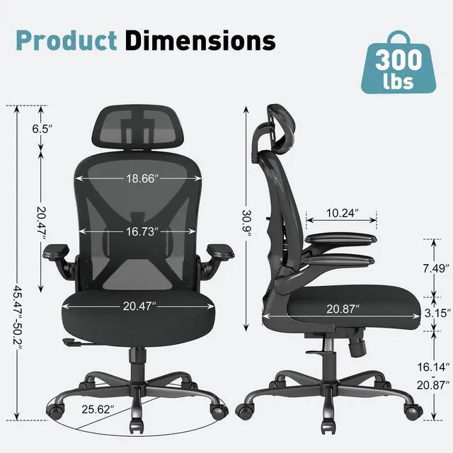 Alt view image 2 of 6 - Ergonomic Office Chair with Adjustable Lumbar Support and Headrest, 300 lbs Swivel Desk Chair with Flip-Up Arms, Mesh Comfy Padded Seat for Computer and Home, Black