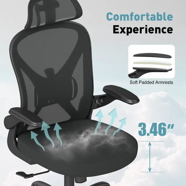 Alt view image 3 of 6 - Ergonomic Office Chair with Adjustable Lumbar Support and Headrest, 300 lbs Swivel Desk Chair with Flip-Up Arms, Mesh Comfy Padded Seat for Computer and Home, Black