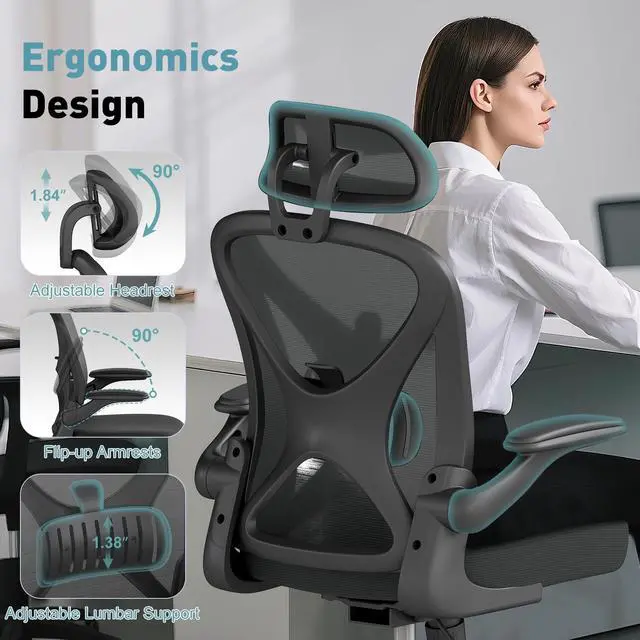 Alt view image 4 of 6 - Ergonomic Office Chair with Adjustable Lumbar Support and Headrest, 300 lbs Swivel Desk Chair with Flip-Up Arms, Mesh Comfy Padded Seat for Computer and Home, Black