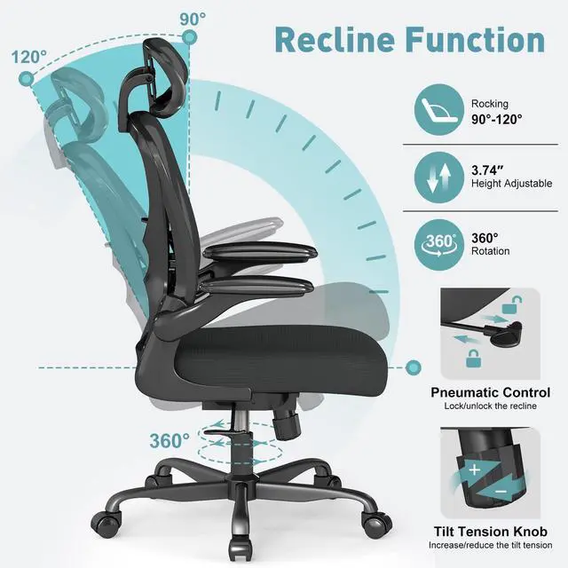 Alt view image 5 of 6 - Ergonomic Office Chair with Adjustable Lumbar Support and Headrest, 300 lbs Swivel Desk Chair with Flip-Up Arms, Mesh Comfy Padded Seat for Computer and Home, Black
