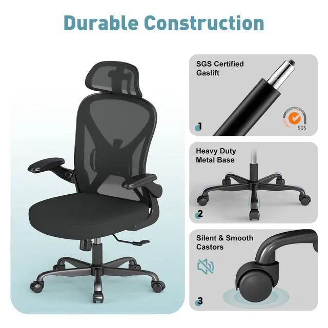 Alt view image 6 of 6 - Ergonomic Office Chair with Adjustable Lumbar Support and Headrest, 300 lbs Swivel Desk Chair with Flip-Up Arms, Mesh Comfy Padded Seat for Computer and Home, Black