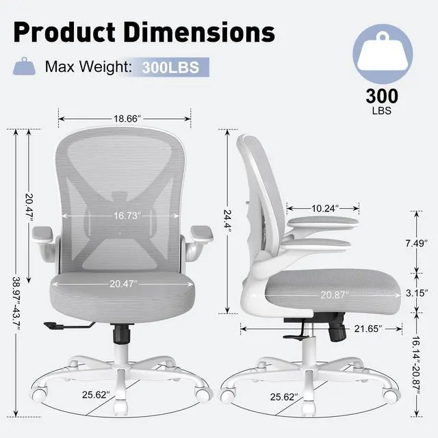 Alt view image 2 of 6 - Ergonomic Office Chair with Adjustable Lumbar Support, 300 lbs Swivel Desk Chair with Flip-Up Arms, Mesh Comfy Padded Seat for Computer and Home, Grey