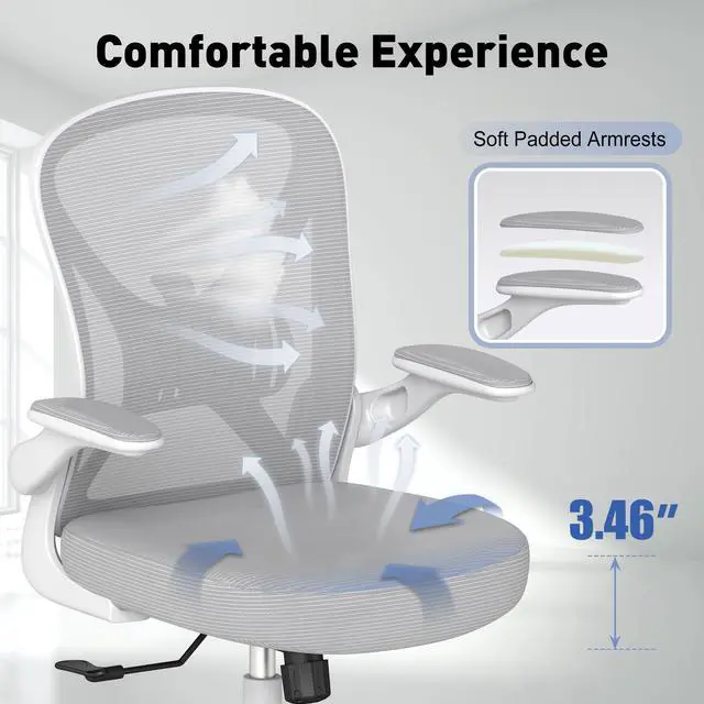 Alt view image 3 of 6 - Ergonomic Office Chair with Adjustable Lumbar Support, 300 lbs Swivel Desk Chair with Flip-Up Arms, Mesh Comfy Padded Seat for Computer and Home, Grey
