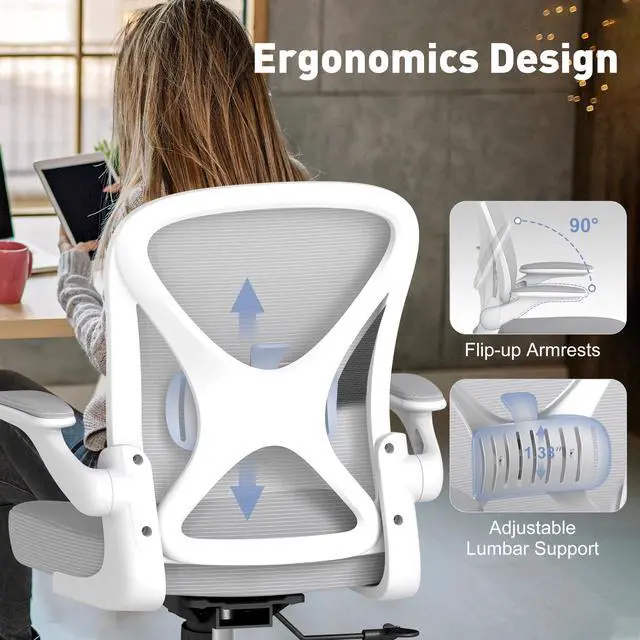 Alt view image 4 of 6 - Ergonomic Office Chair with Adjustable Lumbar Support, 300 lbs Swivel Desk Chair with Flip-Up Arms, Mesh Comfy Padded Seat for Computer and Home, Grey