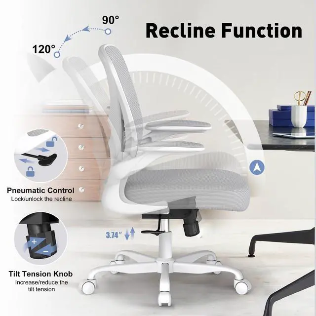 Alt view image 5 of 6 - Ergonomic Office Chair with Adjustable Lumbar Support, 300 lbs Swivel Desk Chair with Flip-Up Arms, Mesh Comfy Padded Seat for Computer and Home, Grey