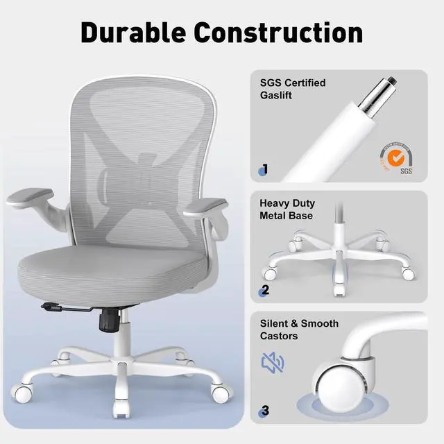 Alt view image 6 of 6 - Ergonomic Office Chair with Adjustable Lumbar Support, 300 lbs Swivel Desk Chair with Flip-Up Arms, Mesh Comfy Padded Seat for Computer and Home, Grey