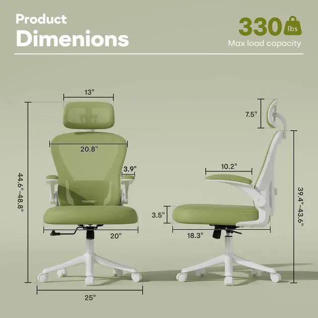 Alt view image 2 of 6 - Ergonomic Office Chair M903, Computer Desk Chair with Wheels, High Back Mesh Office Chair with Adjustable Lumbar Support, Headrest, Flip-Up Armrests, Green